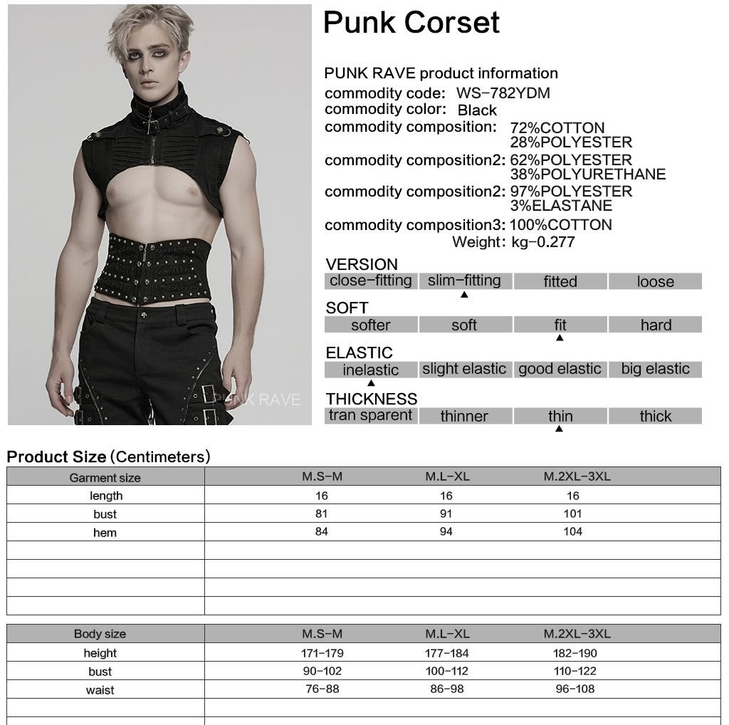 Punk Rave WS-782 punk style waist cincher with product material and size information.
