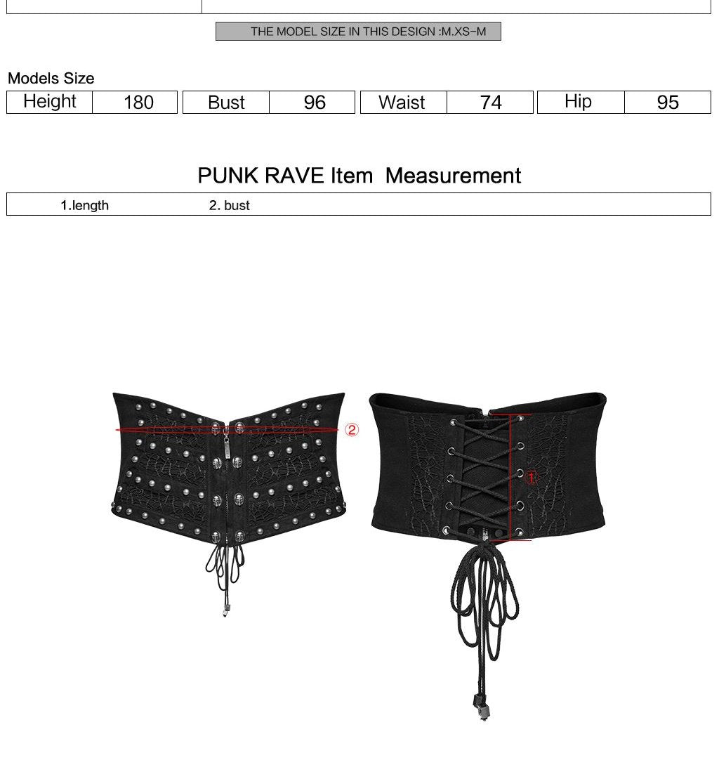 Punk Rave WS-782 men's waist cincher in black with measurement instructions for length and bust.