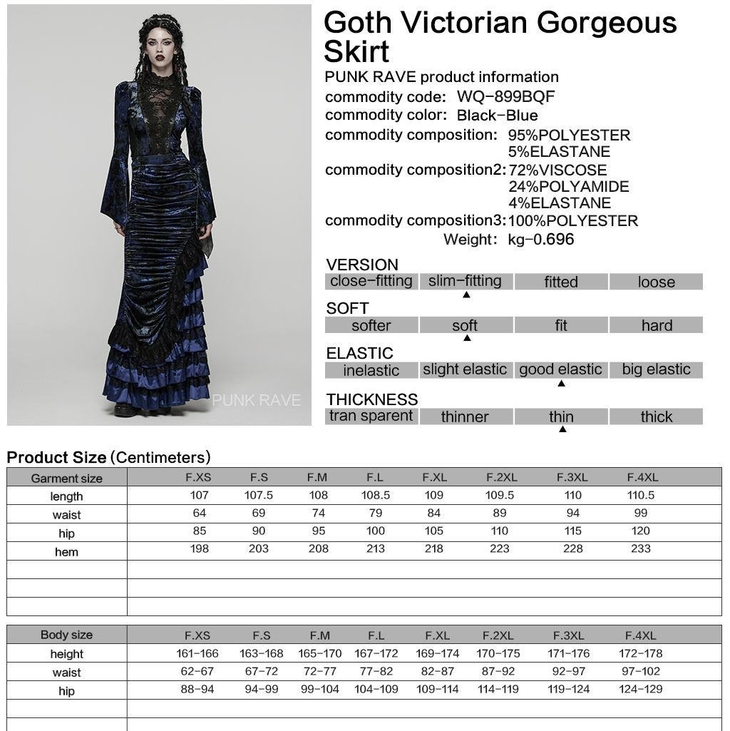 Punk Rave WQ-899 blue and black romantic gothic skirt with product, material and size information.