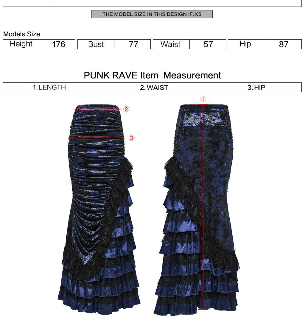 Punk Rave WQ-899 blue and black gothic skirt with measurement instructions for length, waist and hip.