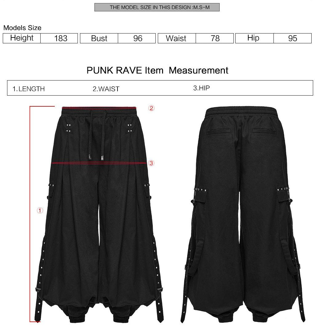 Punk Rave WK-749 cyberpunk pants with measurement instructions for length, waist and hip.