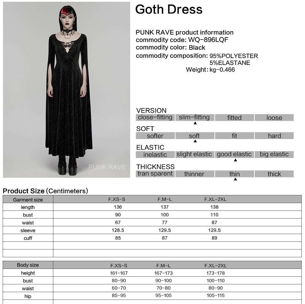 Punk Rave WQ-896 black velvet long dress size chart with official product and fabric information.
