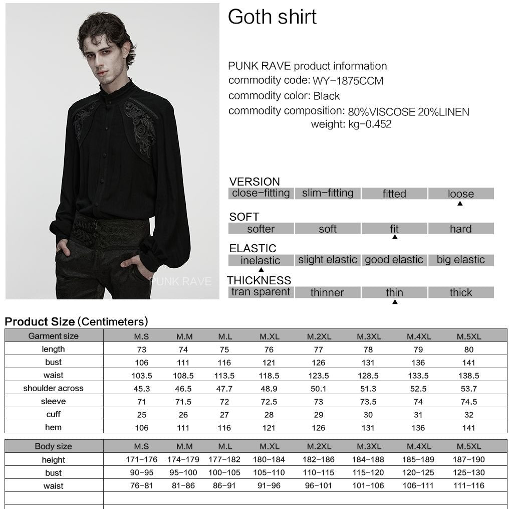 Punk Rave WY-1875 gothic shirt in black with product, material and size information.