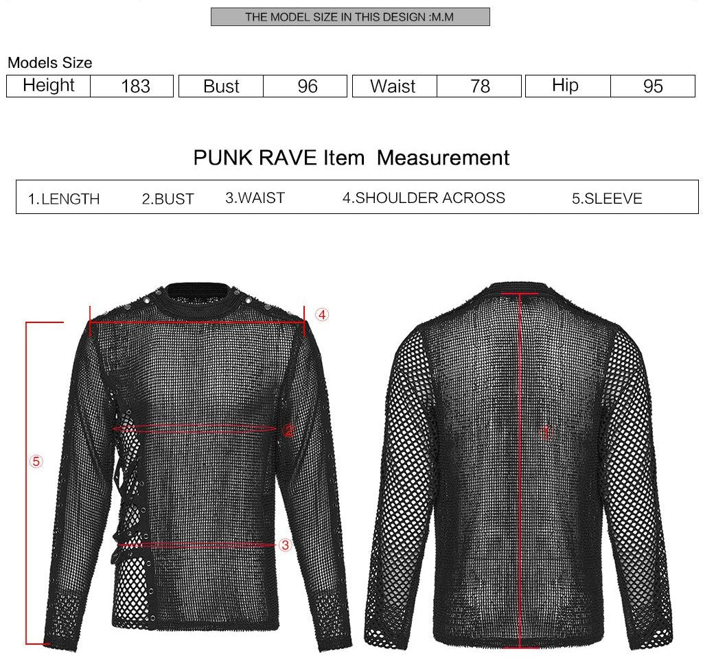 Punk Rave WT-1056 men's gothic top with measurement instructions for length, bust, waist, shoulder across and sleeve.