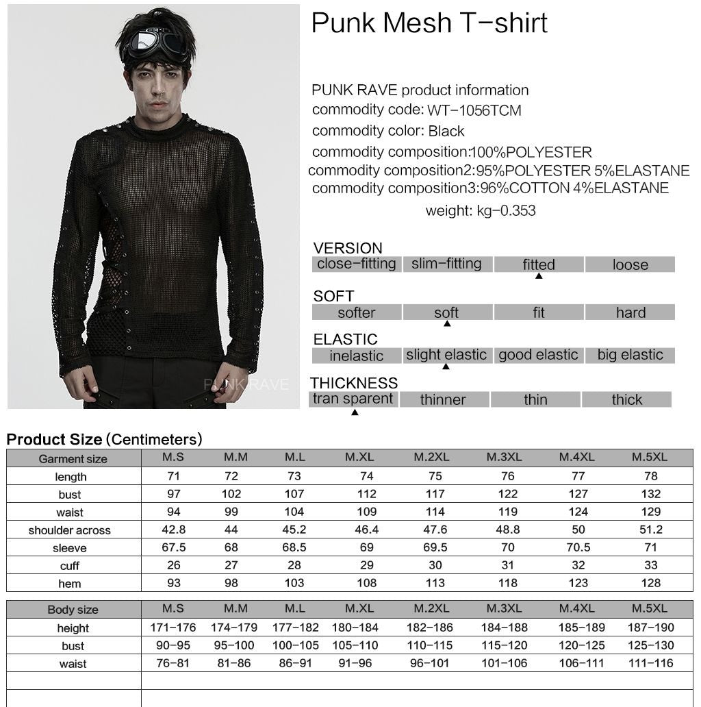 Punk Rave WT-1056 men's gothic top with product, material and size information.