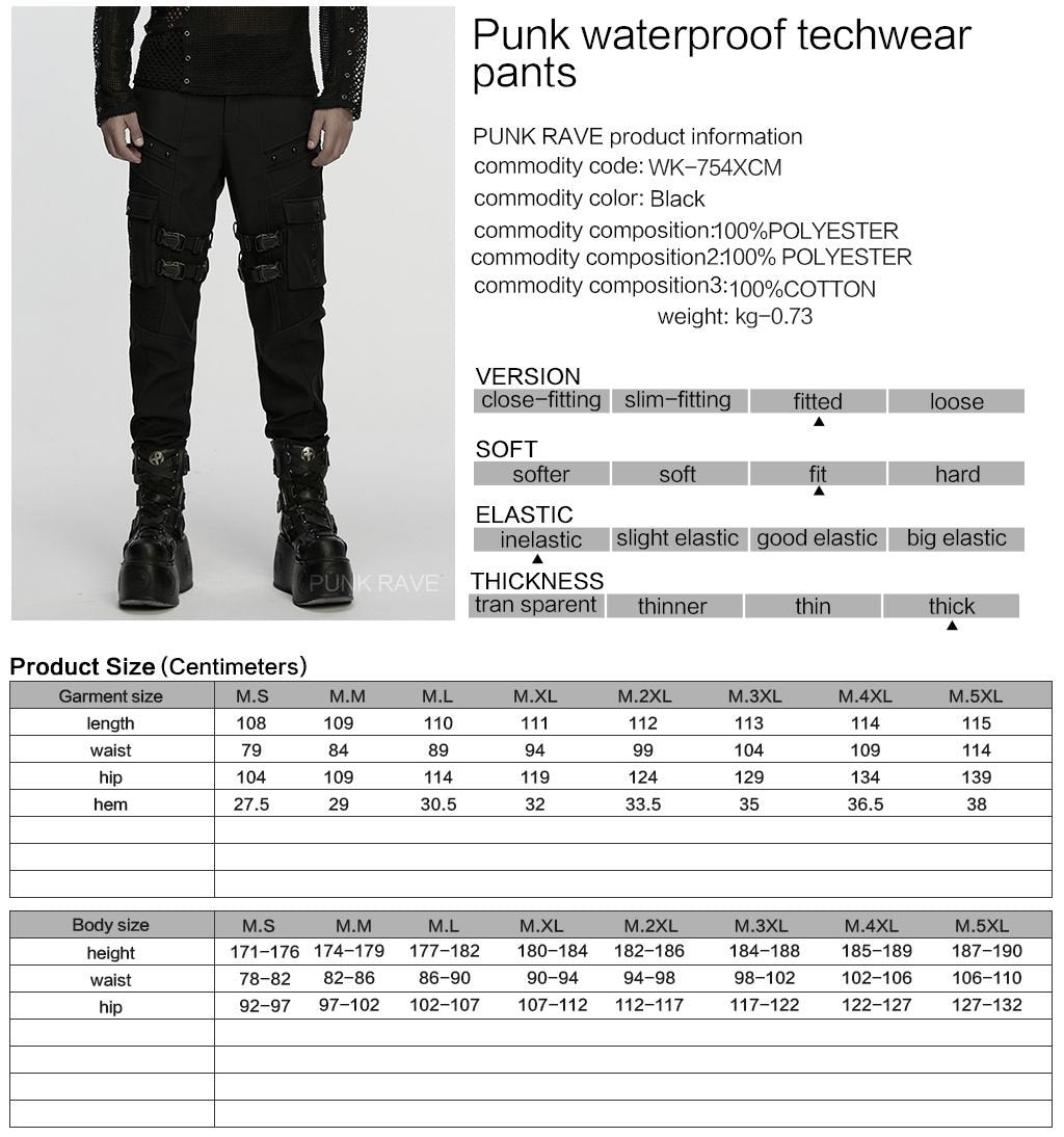 Punk Rave WK-754 product, material and size information guide in black gothic techwear style.