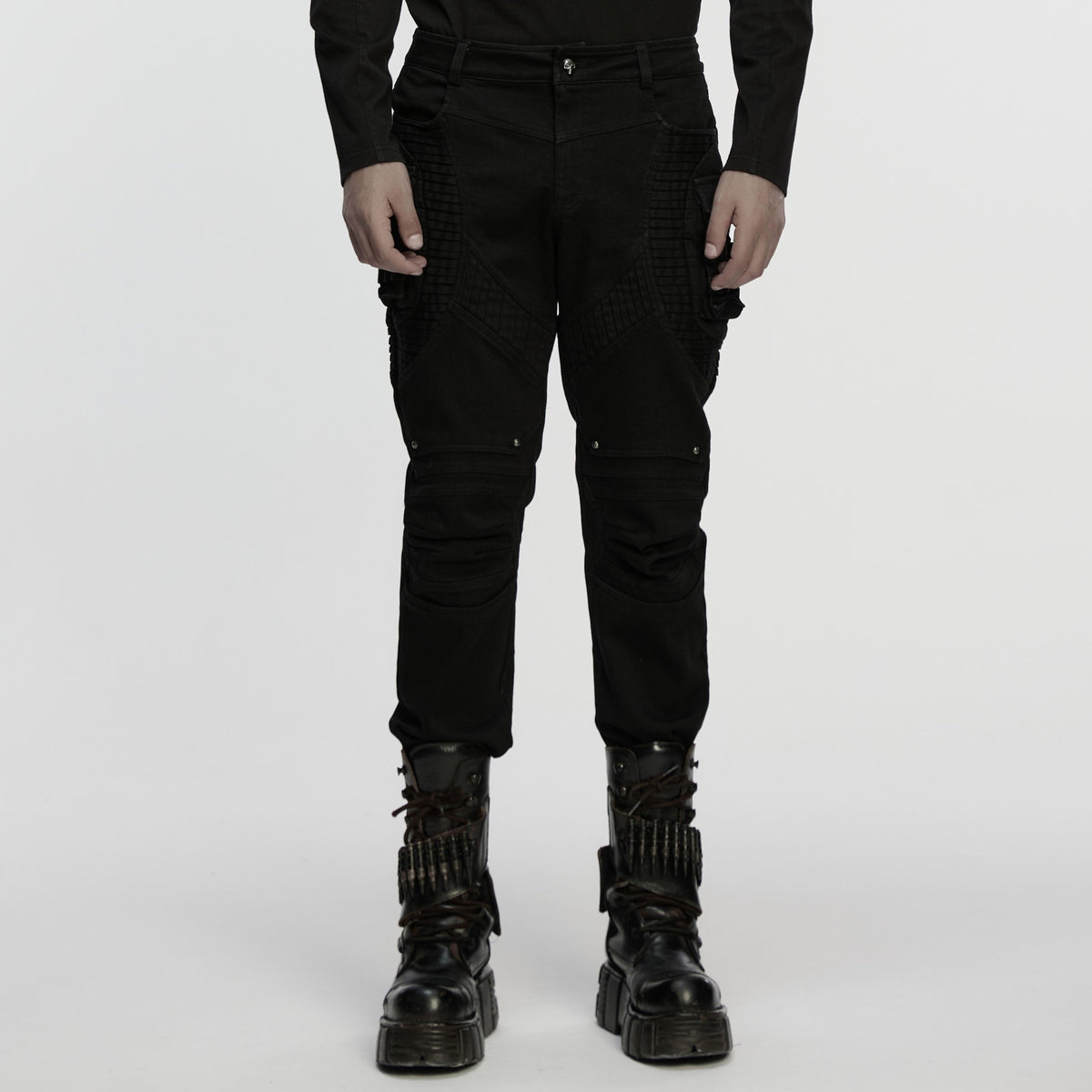 Punk Rave WK-756 men's punk trousers in black showing front view with belt loops and textured three dimensional legs.