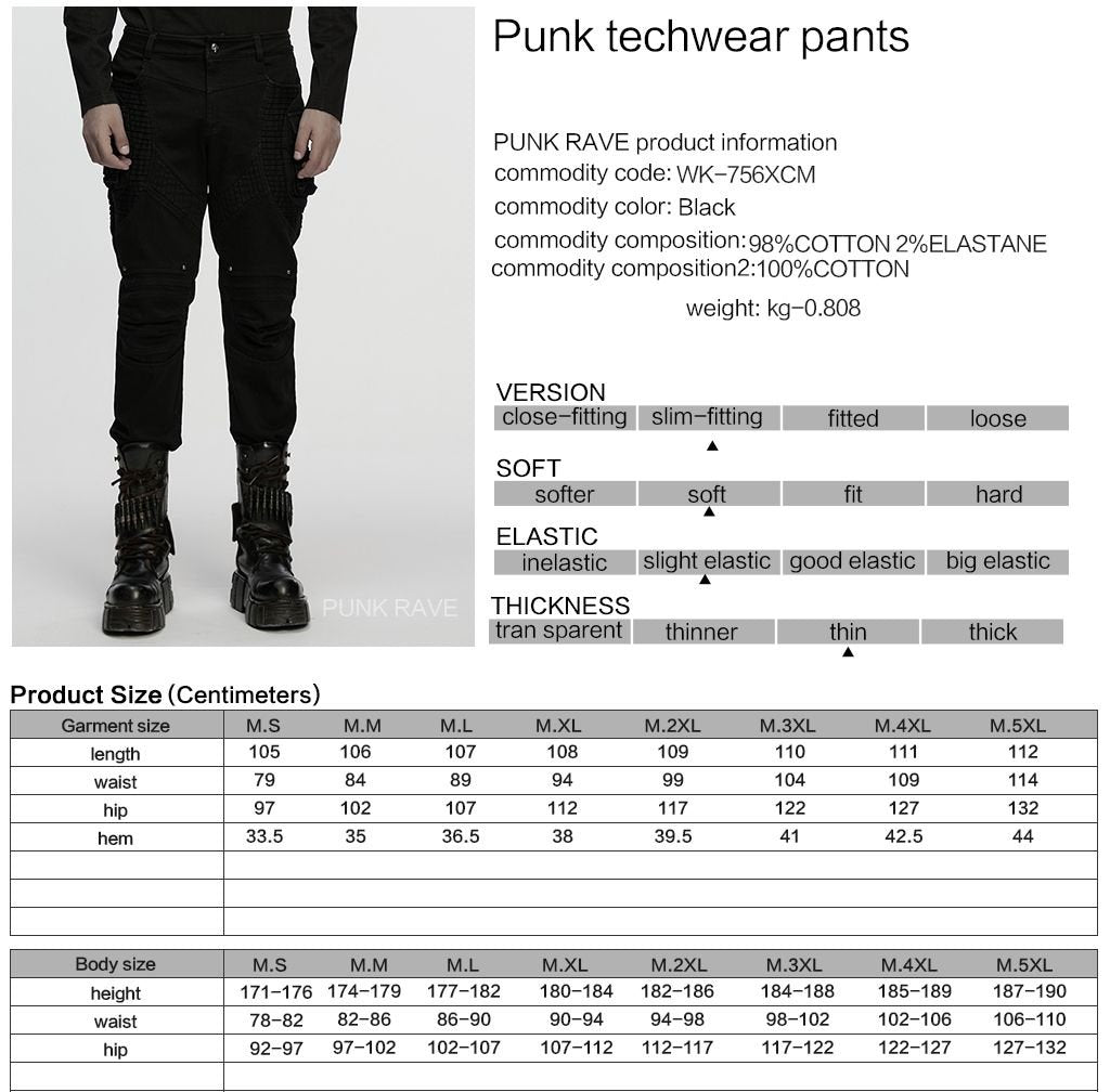 Punk Rave WK-756 product, material and size information guide in black gothic style.