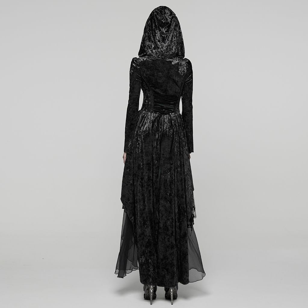 Punk Rave WQ-892 black long dress in gothic style with hood up and lace-up back back view.