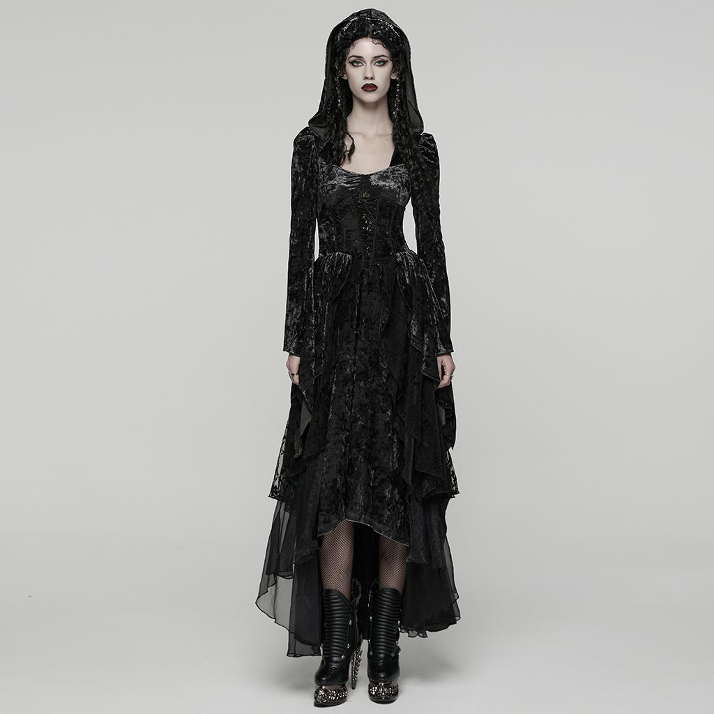Punk Rave WQ-892 romantic gothic long dress in black with hood up and lace-up bodice front view.