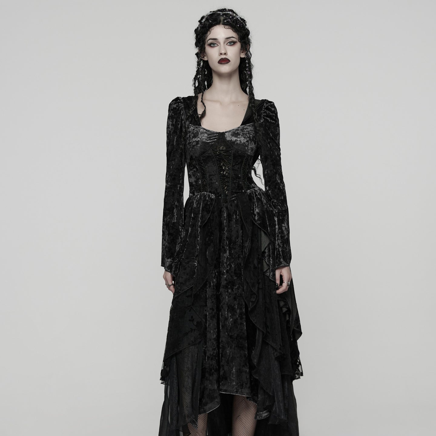Punk Rave WQ-892 romantic gothic black long dress with hood down front view.