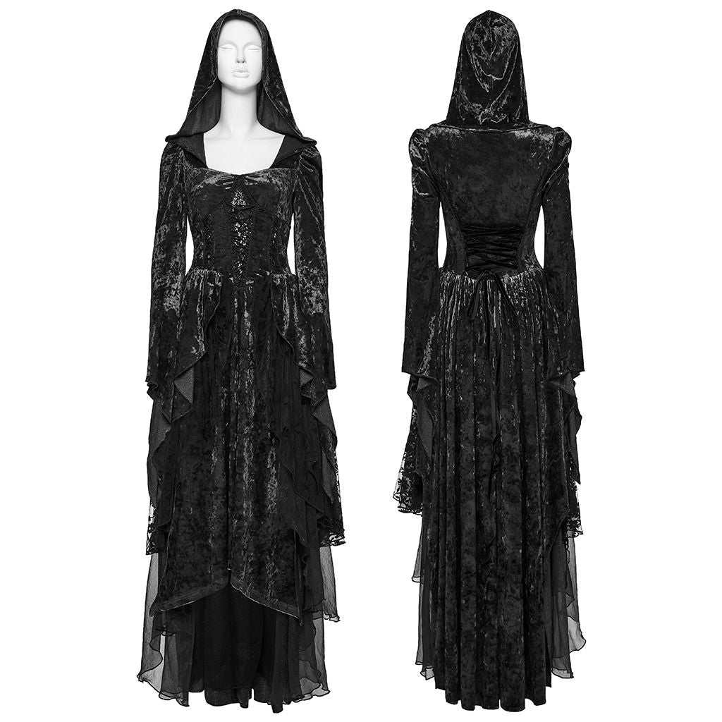 Punk Rave WQ-892 romantic gothic black long dress showing front and back view.