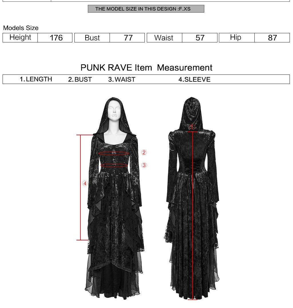 Punk Rave WQ-892 romantic gothic dress in black with length, bust, waist and sleeve measuring instructions.