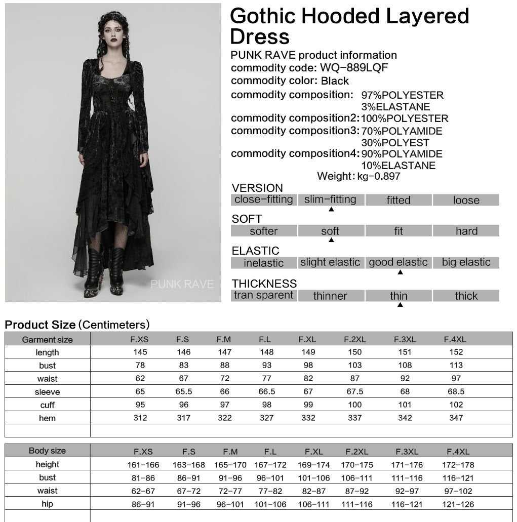Punk Rave WQ-892 romantic gothic dress in black with product, material and size information.