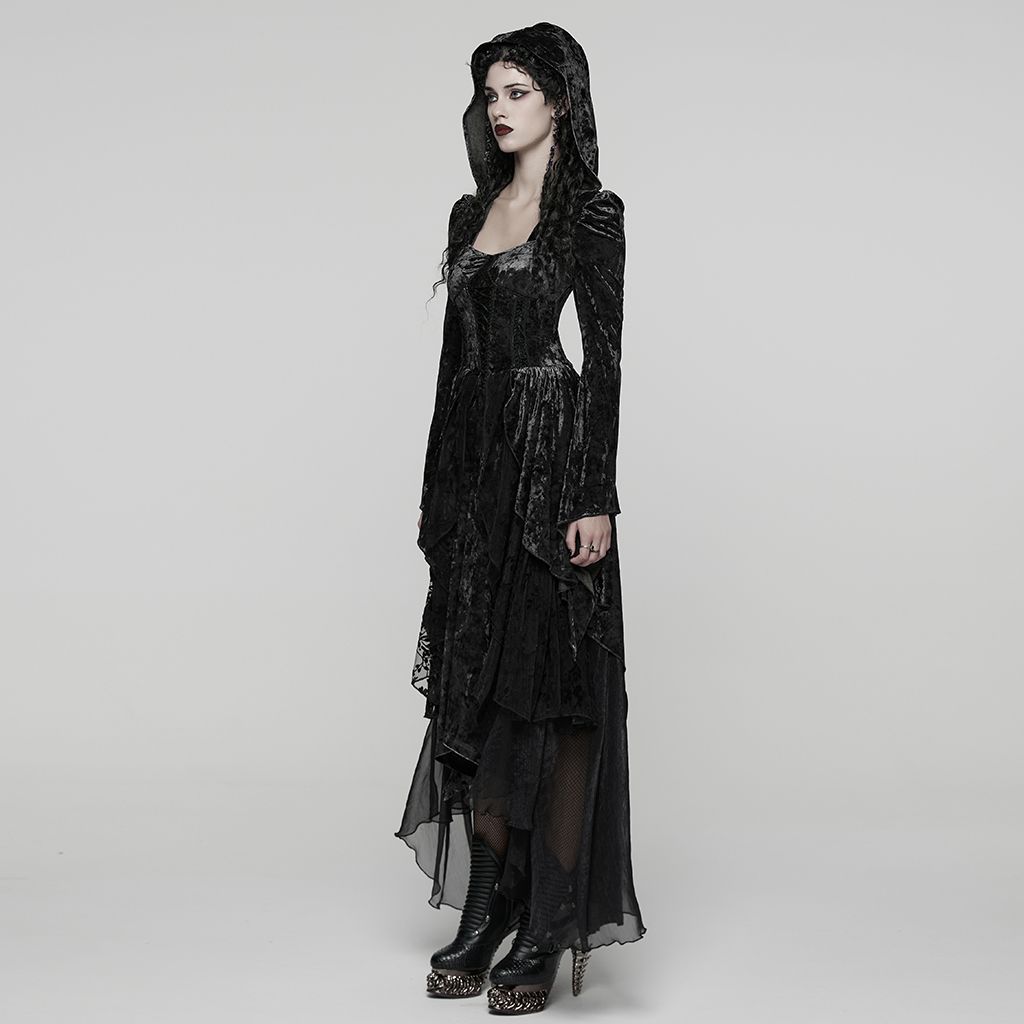 Punk Rave WQ-892 black long dress in dark fantasy style with hood up side view.