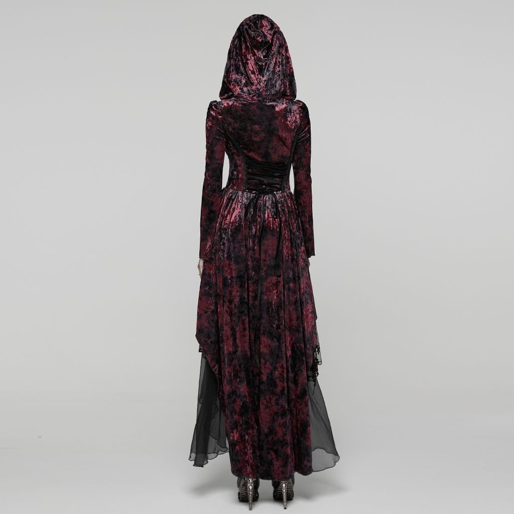 Punk Rave WQ-892 red and black tie-dye long dress in gothic style with lace-up back and hood up back view.