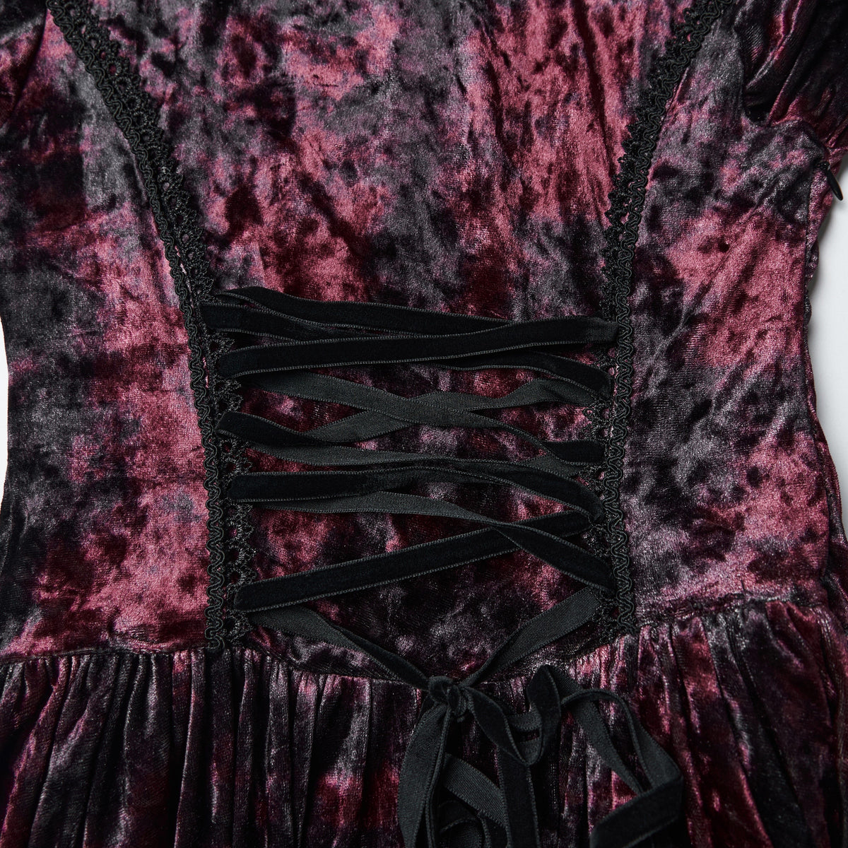 Punk Rave WQ-892 red and black tie-dye velvet back lace-up detail.