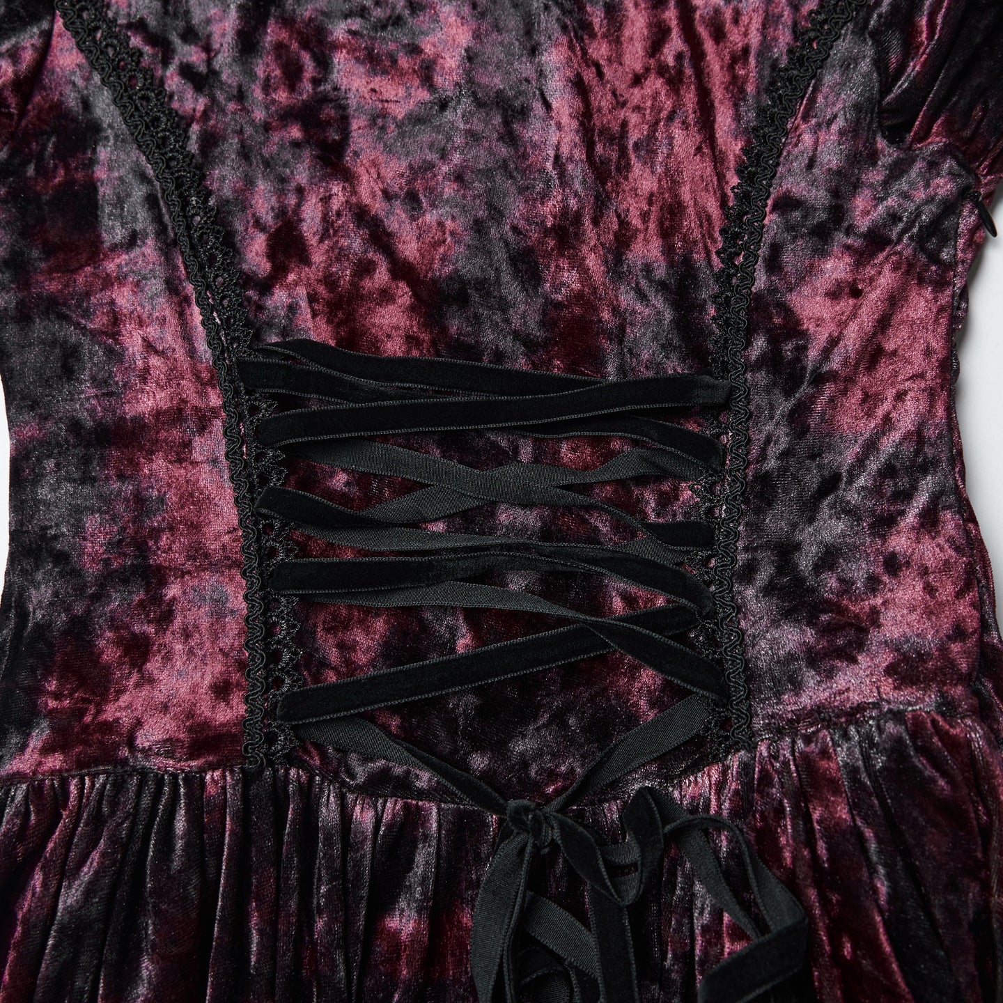 Punk Rave WQ-892 red and black tie-dye velvet back lace-up detail.