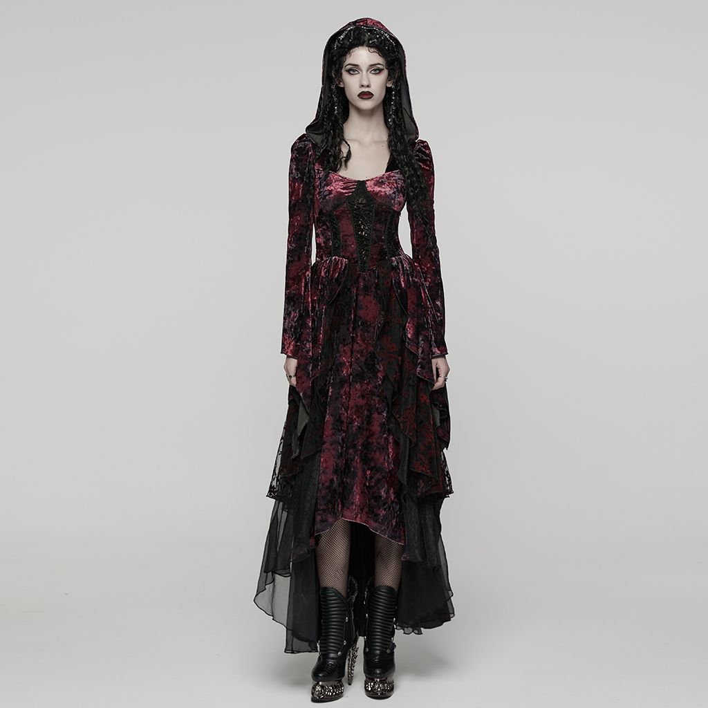 Punk Rave WQ-892 romantic gothic long dress in red and black with layered asymmetric skirt front view.