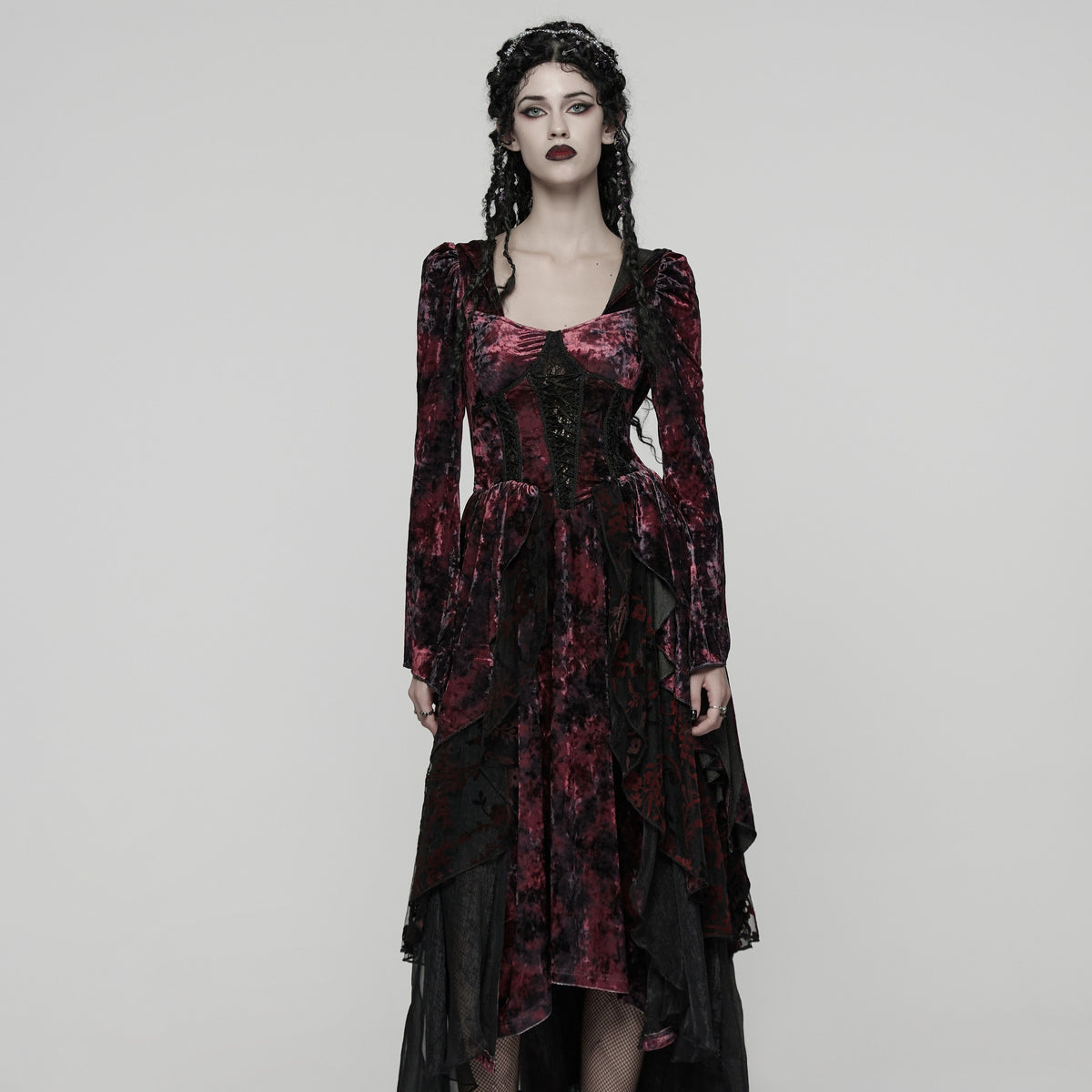 Punk Rave WQ-892 red and black tie-dye long dress in romantic gothic style showing asymmetric layered skirt front view.