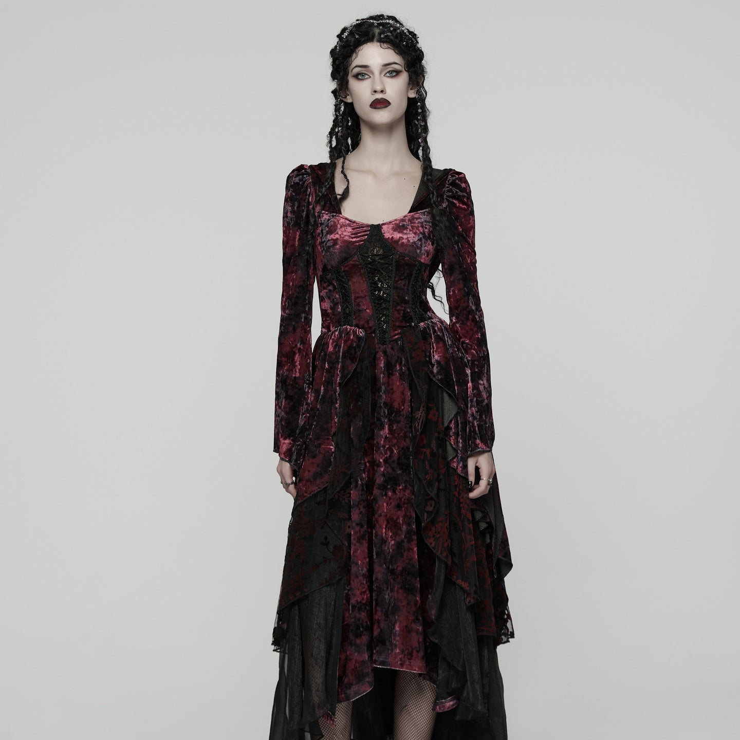 Punk Rave WQ-892 red and black tie-dye long dress in romantic gothic style showing asymmetric layered skirt front view.
