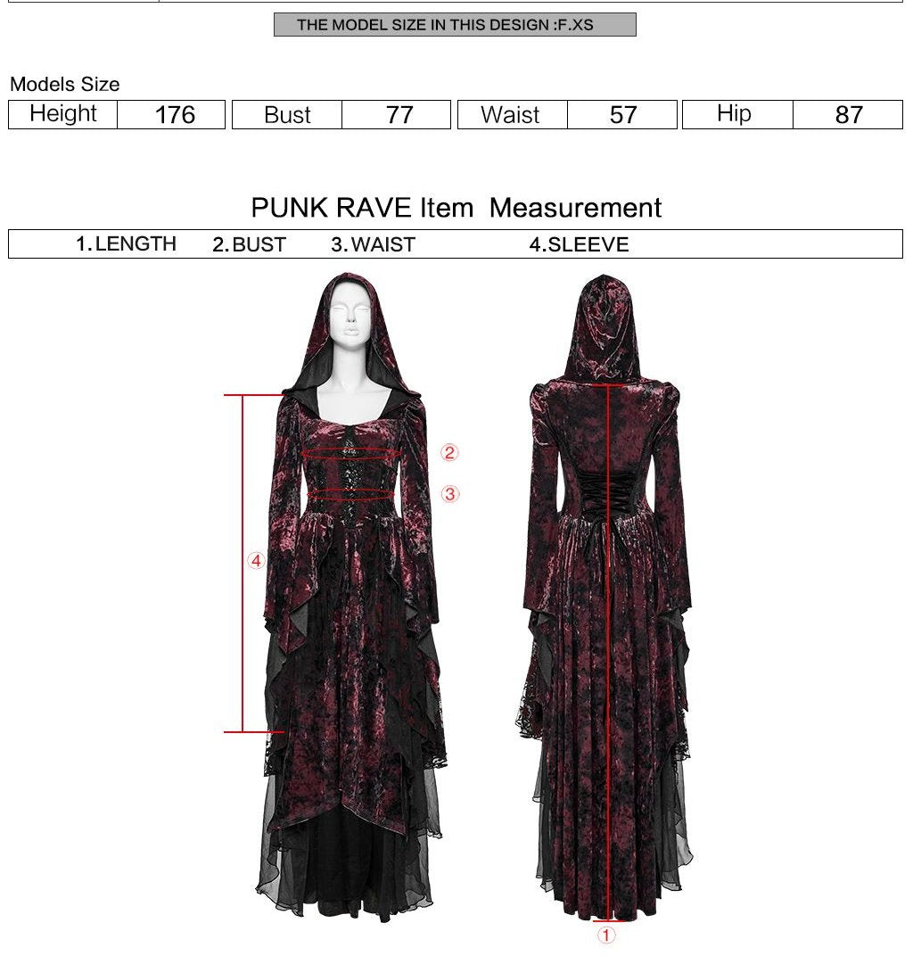 Punk Rave WQ-892 romantic gothic dress in red and black with length, bust, waist and sleeve measuring instructions.
