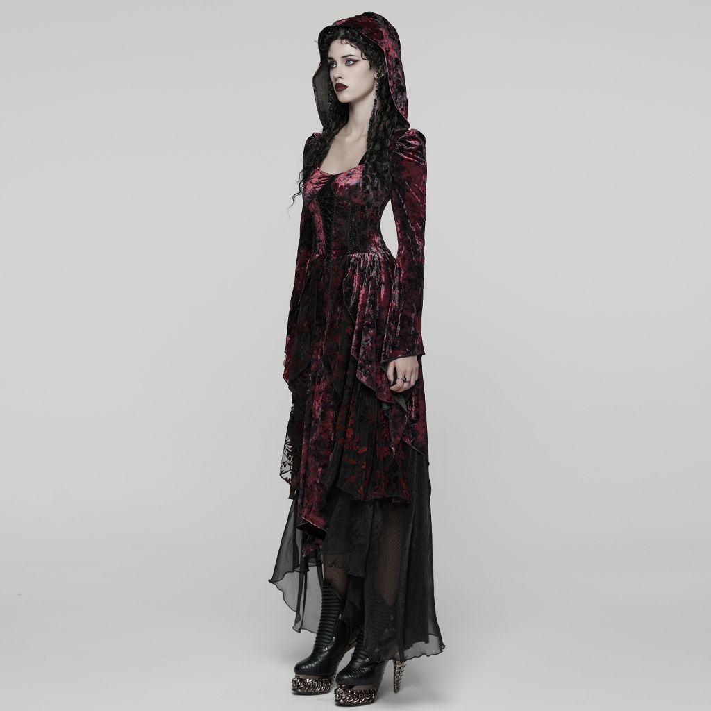 Punk Rave WQ-892 red and black tie-dye long dress in dark fantasy style with large hood side view.