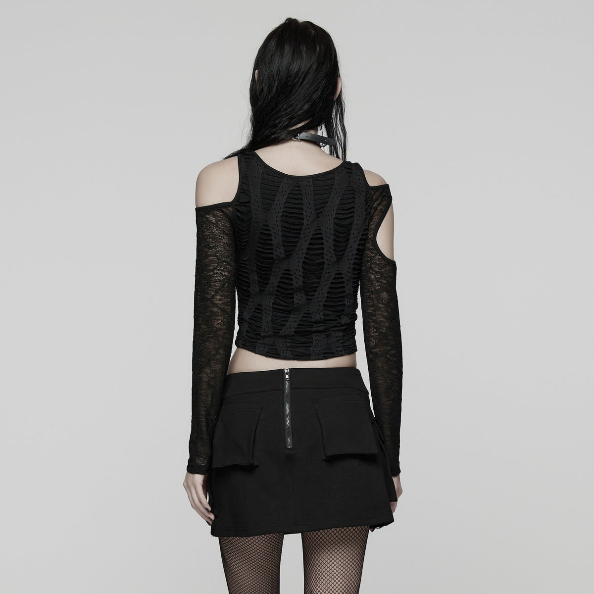 Punk Rave WQ-918 women's cybergoth mini skirt in black with back zipper closure back view.