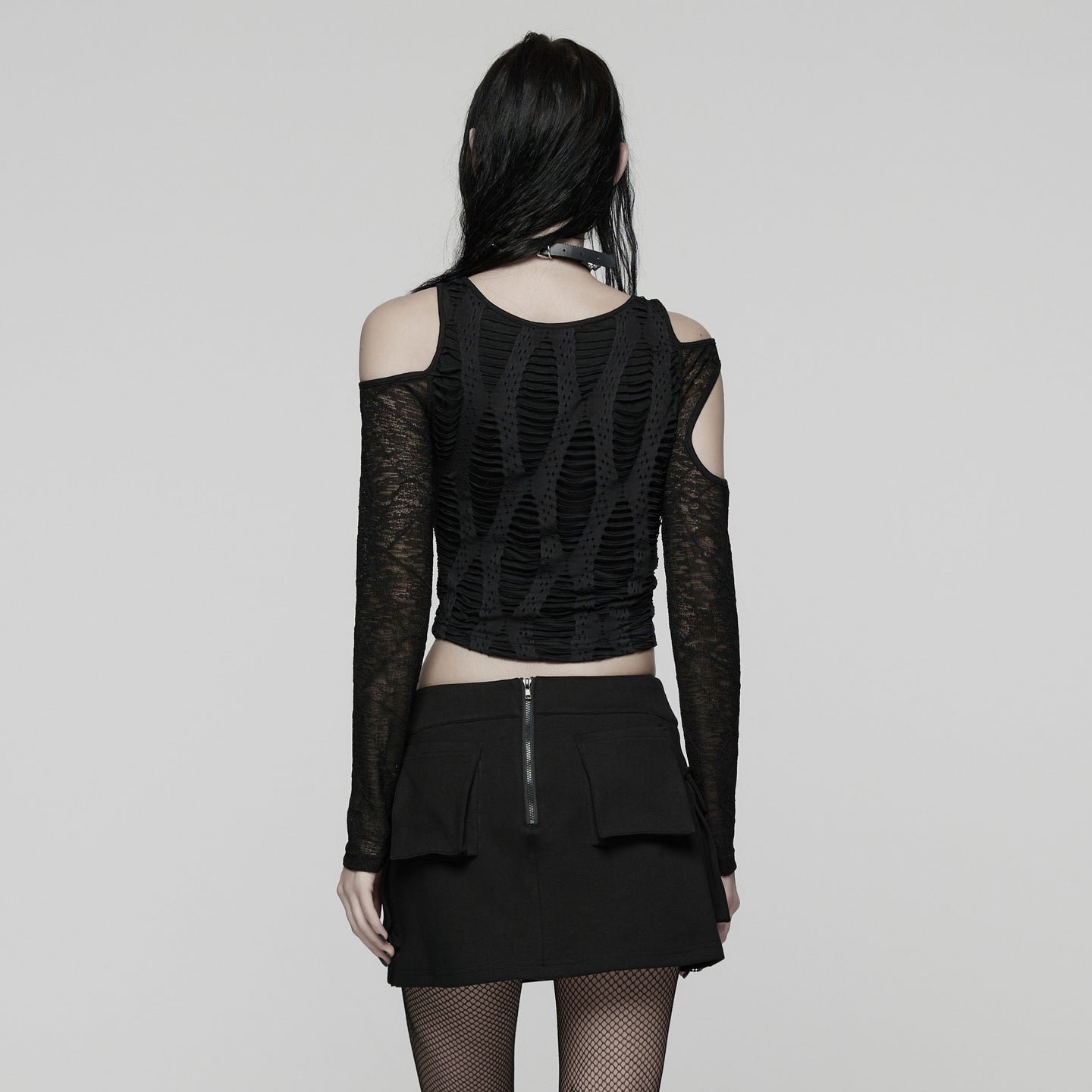 Punk Rave WQ-918 women's cybergoth mini skirt in black with back zipper closure back view.