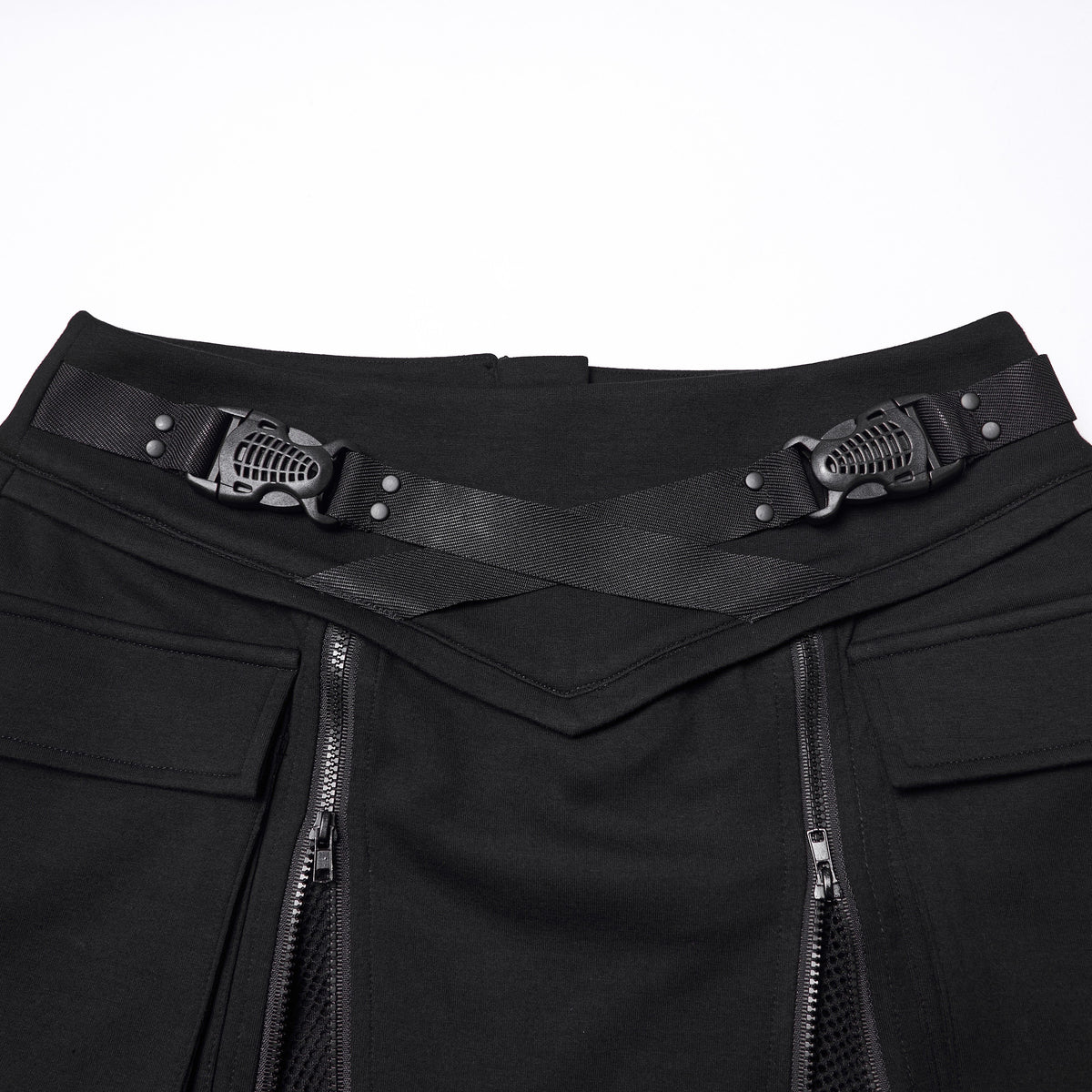 Punk Rave WQ-918 black mini skirt waistband with buckled straps, zippers and pockets detail.