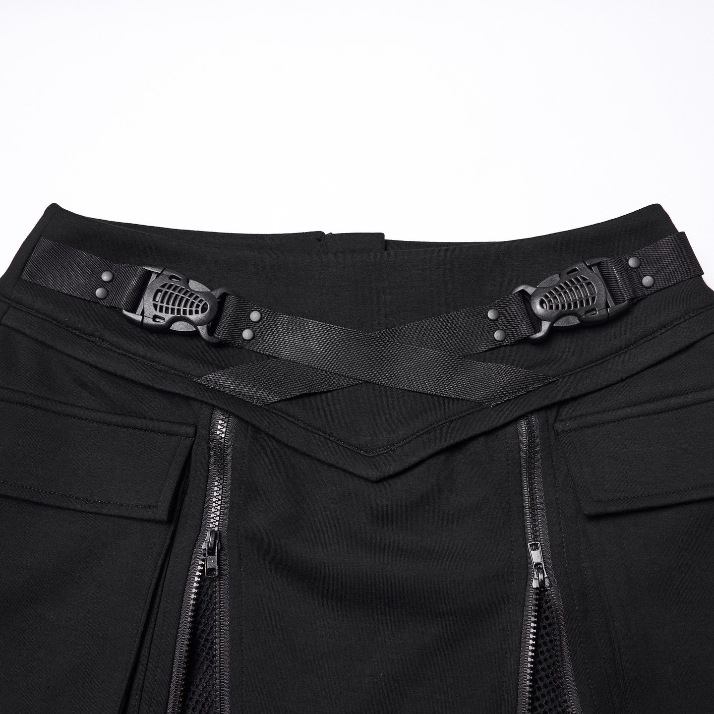 Punk Rave WQ-918 black mini skirt waistband with buckled straps, zippers and pockets detail.