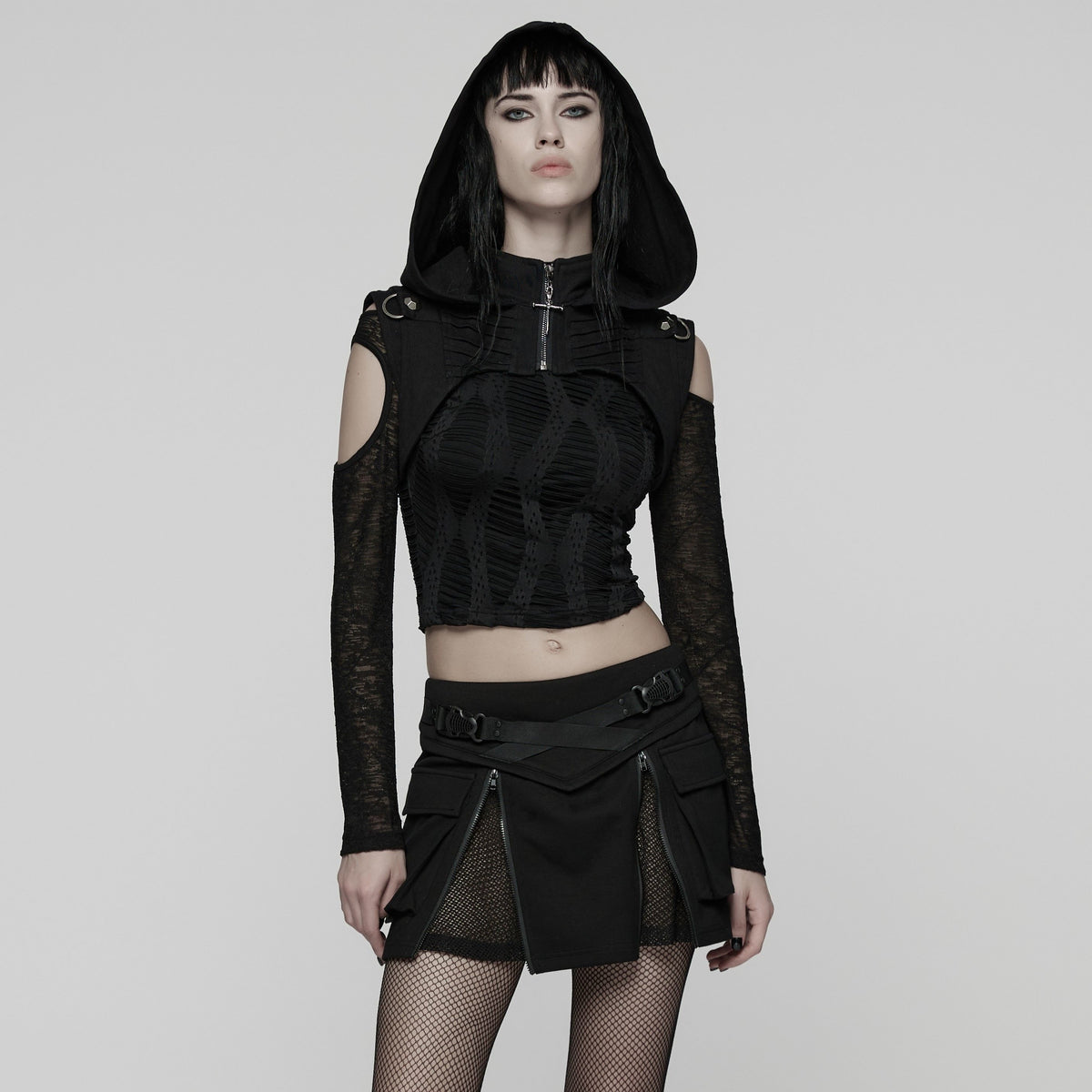 Punk Rave WQ-918 women's cybergoth mini skirt in black with buckled straps front view.