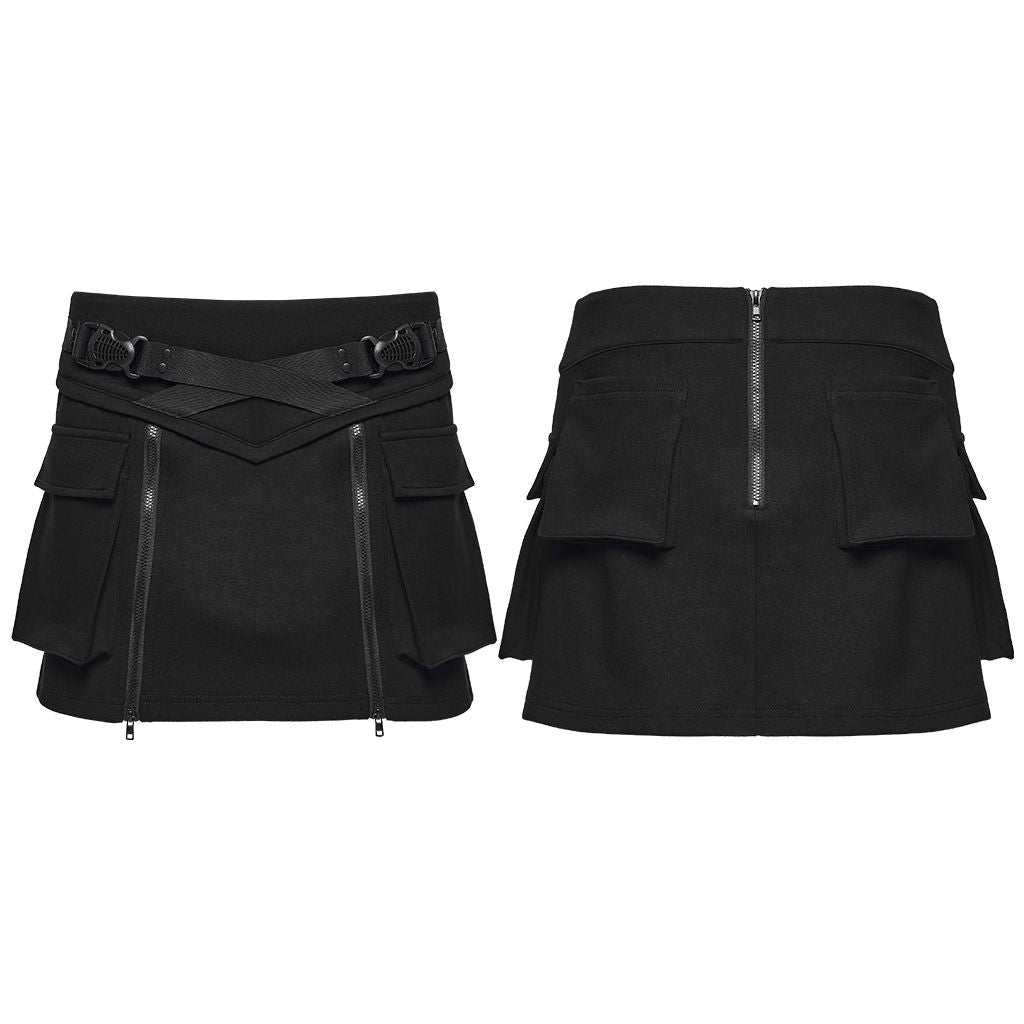 Punk Rave WQ-918 women's cybergoth mini skirt in black showing front and back view.